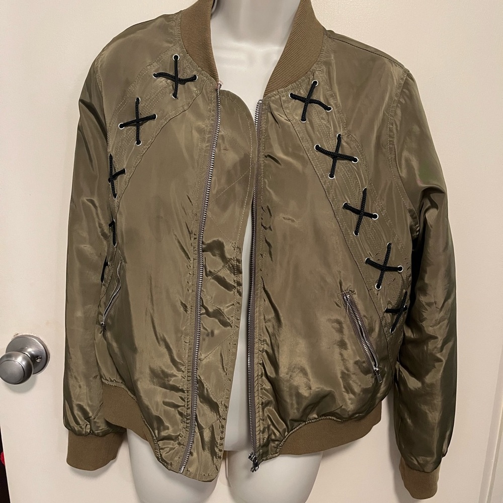 Olive Bomber Jacket with Black Lace Details